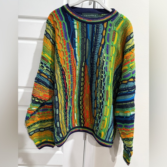 TUNDRA Mens XL Coogi Style 3D Abstract Vibrant Knit Colorful V-Neck Sweater - Picture 6 of 7